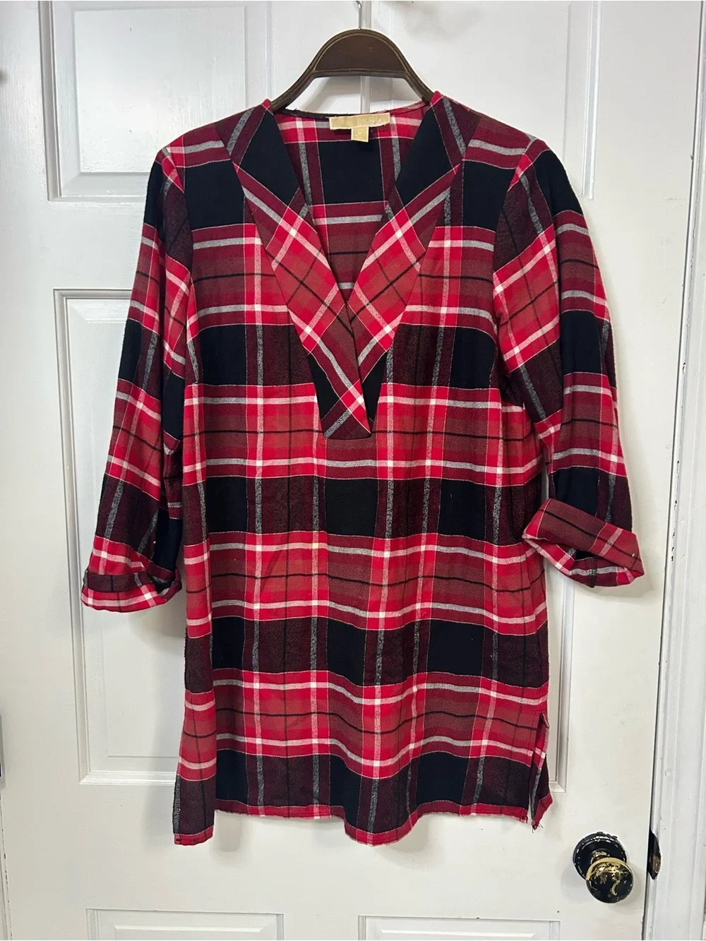 Michael Kors Red and Black Plaid V-Neck Tunic